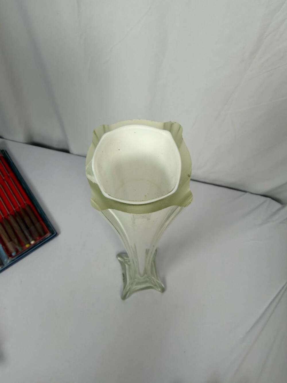 Vintage Eiffel Tower Style Tall Bud Vase, White Encased in Clear Glass - Picture 4 of 6